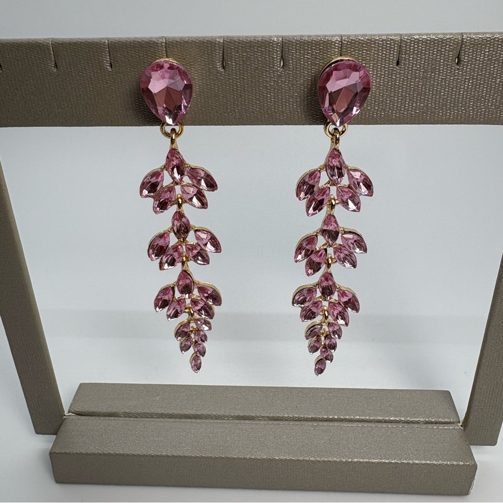 Long Pink Crystal Rhinestone Dangle Leaf Pageant Party Earrings